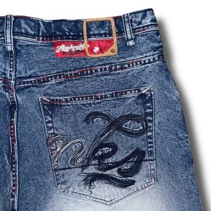 Vintage‎ AKADEMIKS Jorts Men 40 35" Long Denim Y2K Baggy Jean Shorts Embroidered